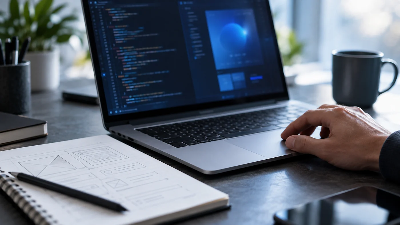 Detailaufnahme eines Laptops und eines Notizbuchs mit Entwurfsskizzen
