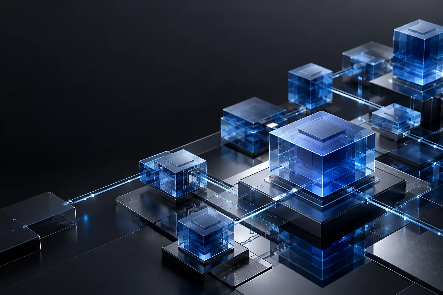 Abstrakte Softwarearchitektur aus vernetzten saphirblauen Modulen und Lichtverbindungen